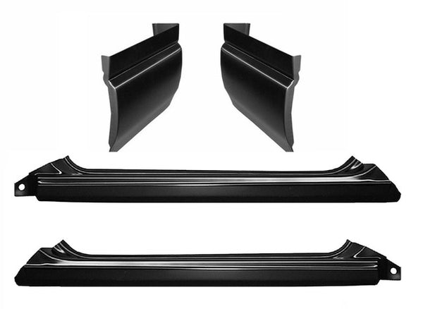 Set of black car body panels on a white background. 1994-2004 Extended Cab Outer Rocker Panel Cab Corner Kit.