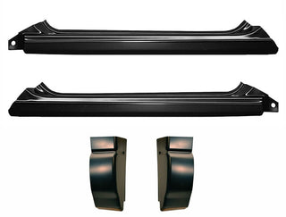 Set of black metal car parts on a white background. 1994-2004 Standard 2dr Outer Rocker Panel & Cab Corners
