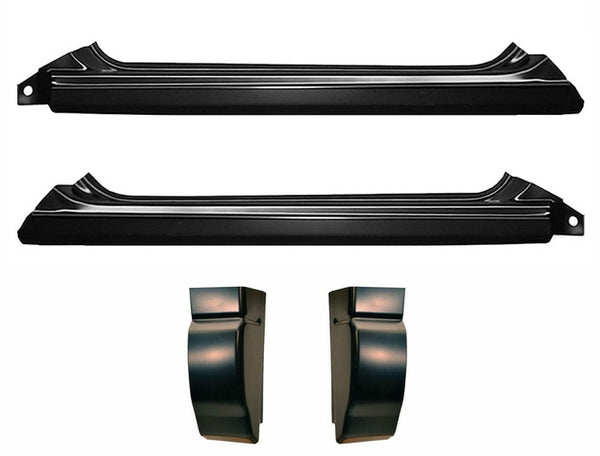 Set of black metal car parts on a white background. 1994-2004 Standard 2dr Outer Rocker Panel & Cab Corners