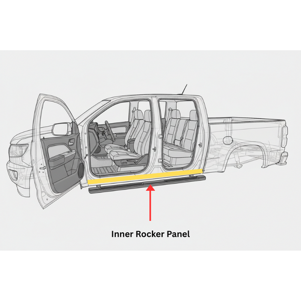 Diagram of a vehicle interior with an inner rocker panel highlighted. 2013-2022 Chevy Colorado Inner Rocker Panel Extended Cab, LH. 2013-2022 GMC Canyon Inner Rocker Panel Extended Cab, LH.