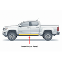 Illustration of a white truck with an arrow pointing to the inner rocker panel on a white background. 2013-2022 Chevy Colorado Inner Rocker Panel Extended Cab, LH. 2013-2022 GMC Canyon Inner Rocker Panel Extended Cab, LH.