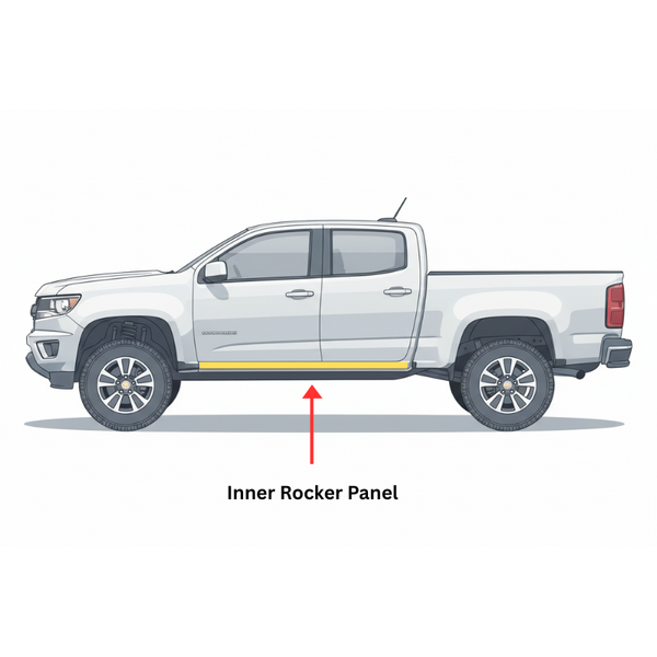 Illustration of a white truck with an arrow pointing to the inner rocker panel on a white background. 2013-2022 Chevy Colorado Inner Rocker Panel Extended Cab, LH. 2013-2022 GMC Canyon Inner Rocker Panel Extended Cab, LH.