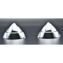 Two metallic cone-shaped objects on a reflective surface. 1957 Chevy Bel Air Bumper Bullet, Original Style, Chrome Finish, Pair, with All Stainless Hardware.