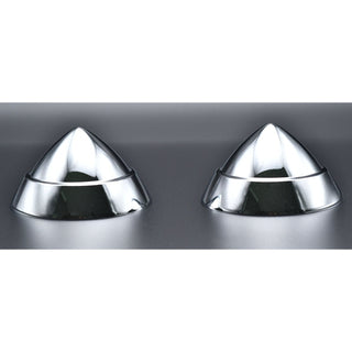 Two metallic cone-shaped objects on a reflective surface. 1957 Chevy Bel Air Bumper Bullet, Original Style, Chrome Finish, Pair, with All Stainless Hardware.