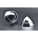 Two metallic dome-shaped objects on a gray background/ 1957 Chevy Bel Air Bumper Bullet, Original Style, Chrome Finish, Pair, with All Stainless Hardware.