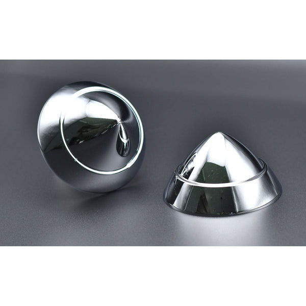 Two metallic dome-shaped objects on a gray background/ 1957 Chevy Bel Air Bumper Bullet, Original Style, Chrome Finish, Pair, with All Stainless Hardware.