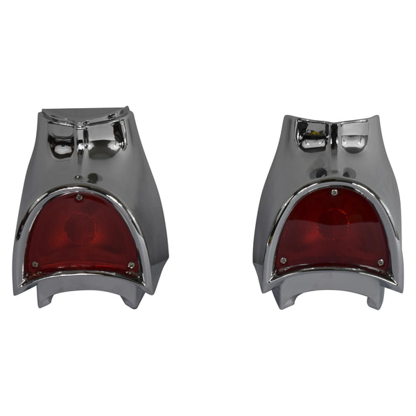 Pair of chrome motorcycle tail lights with red lenses on a white background. 1957 Chevy All Models Taillight Assembly Pair
