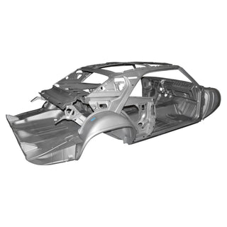 Silver car chassis on a white background. 1969 Camaro Coupe Body Frame.