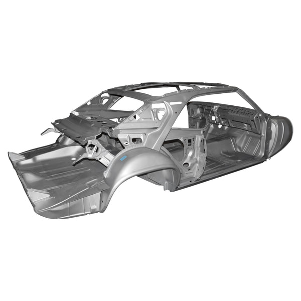 Silver car chassis on a white background. 1969 Camaro Coupe Body Frame.