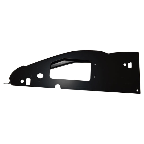 Black metal panel with cutouts on a white background. 2002-2022 Ford E-Series Cutaway Van Cab Corner, LH.