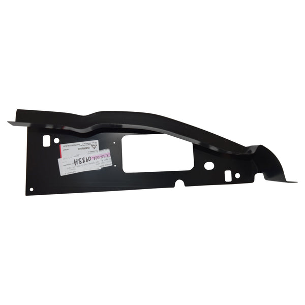 Black metal bracket with a label on a white background. 2002-2022 Ford E-Series Cutaway Van Cab Corner, LH.