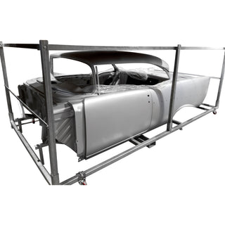 Car frame with metal structure on a white background. 1957 Chevy Hardtop Body Shell.