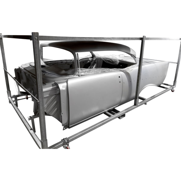 Car frame with metal structure on a white background. 1957 Chevy Hardtop Body Shell.