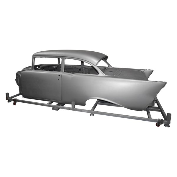 Car chassis on a white background. 1957 Chevy Sedan Body Shell.