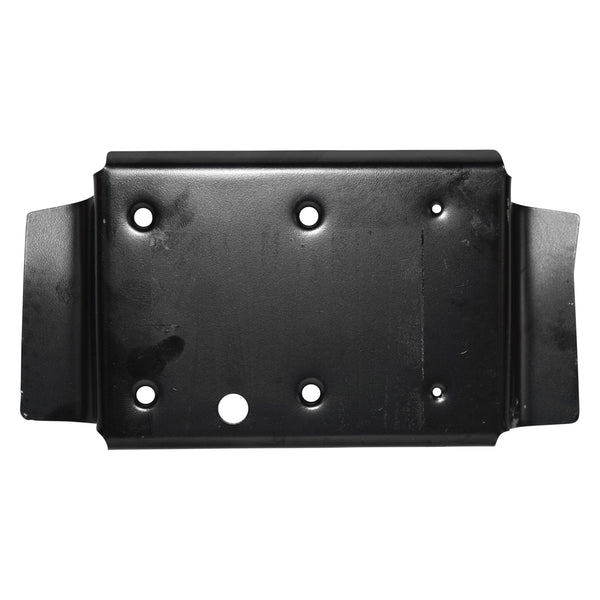 Black metal bracket with multiple holes on a white background. Console Rear Floor Mounting Bracket.