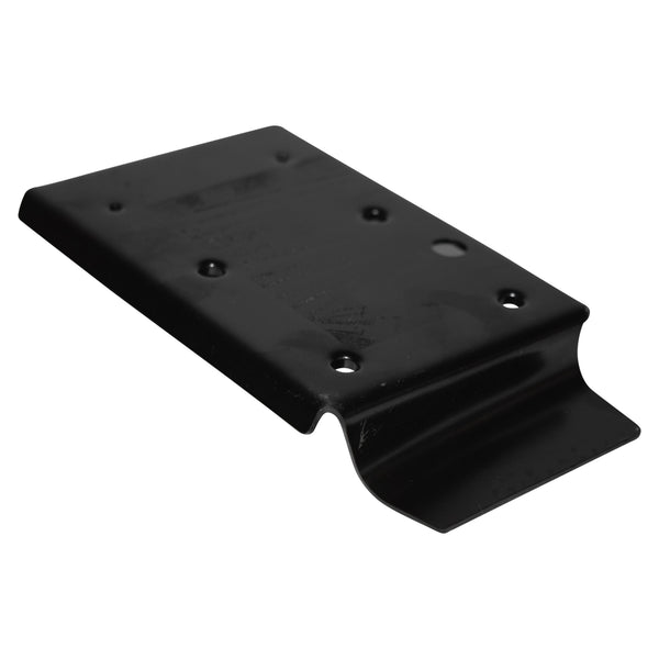 Black metal bracket on a white background. Console Rear Floor Mounting Bracket