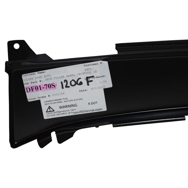 Black car panel with a label on a white background. 1970-1981 Deck Filler Panel -W/Studs.