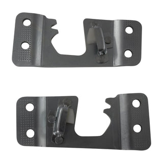 Two black metal brackets on a white background. Pickup Door Striker Plates Pair