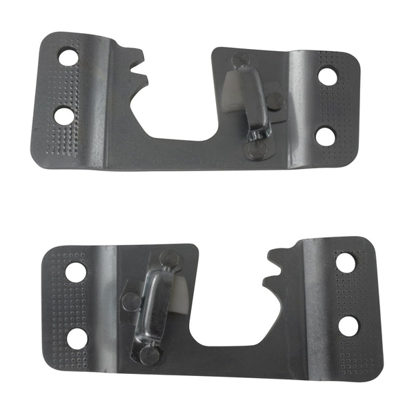 Two black metal brackets on a white background. Pickup Door Striker Plates Pair