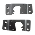 Two black metal brackets on a white background. Pickup Door Striker Plates Pair.