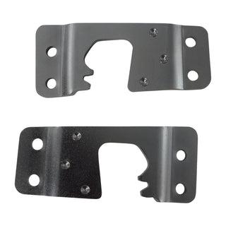 Two black metal brackets on a white background. Pickup Door Striker Plates Pair.