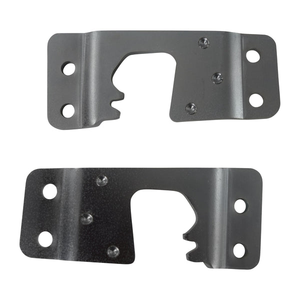 Two black metal brackets on a white background. Pickup Door Striker Plates Pair.