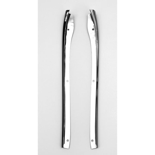 Two chrome car side mirrors on a light gray background. 1955-1957 Chevy 2-Door Hardtop, Pillar Trim, Pair, Stainless.