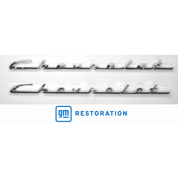 Two chrome Chevrolet emblems with GM Restoration logo on a white background. 1955-1956 Chevy Chevrolet Script Set, Pair, Chrome.