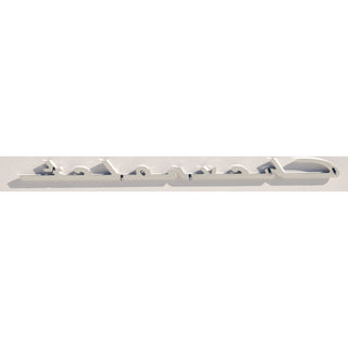 White plastic strip with multiple holes on a white background. 1955-1956 Chevy Chevrolet Script Set, Pair, Chrome.
