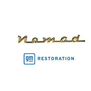 Gold emblem with 'Nomad' text and GM Restoration logo on a white background. 1955-1957 Chevy Nomad Chevrolet Nomad Script, Gold Plated.