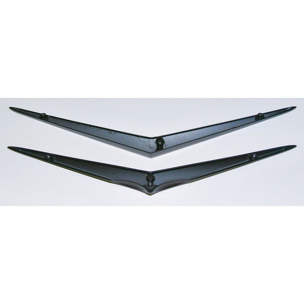 Two black wing-shaped objects on a white background. 1956 Chevy Hood and Trunk Vee Set, Matt Black.