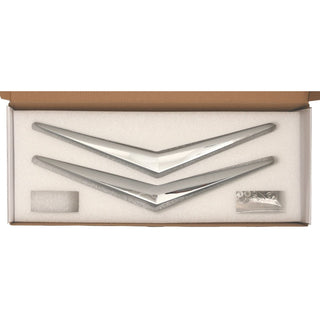 Set of silver hair clips in a box on a white background. 1956 Chevy Hood and Trunk Vee Set, Chrome.