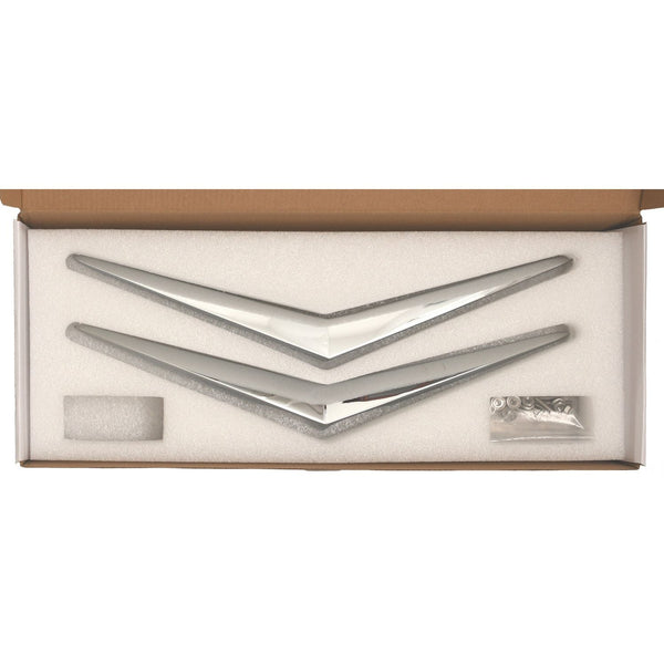 Set of silver hair clips in a box on a white background. 1956 Chevy Hood and Trunk Vee Set, Chrome.
