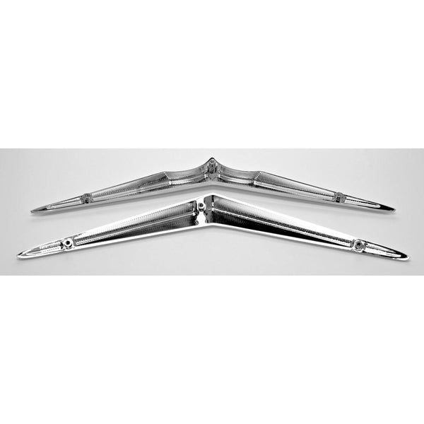 Black industrial-style light fixture on a white background. 1956 Chevy 210 Series Hood and Trunk Vee Set, Chrome.