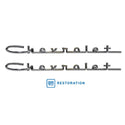 Chrome Chevrolet logo with GM Restoration logo on a white background. 1957 Chevy 6 Cylinder Car, Chevrolet Script 15", Chrome.