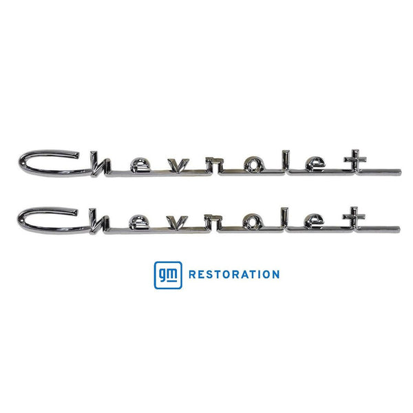 Chrome Chevrolet logo with GM Restoration logo on a white background. 1957 Chevy 6 Cylinder Car, Chevrolet Script 15", Chrome.