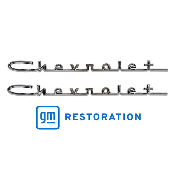 Two Chevrolet emblems with a GM Restoration logo below on a white background. 1957 Chevy Chevrolet Script 13", Chrome.