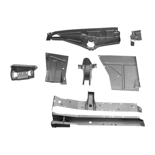 Set of metal car chassis components on a white background. 1966-1967 Chevy Nova Fender Apron Kit LH.