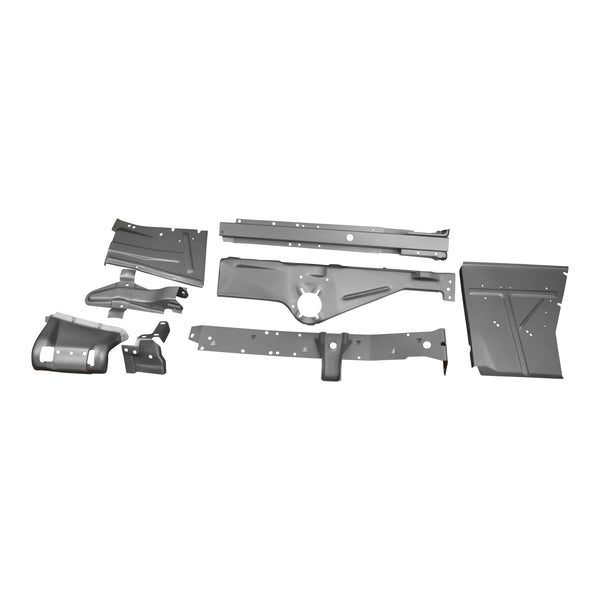 Set of metal vehicle frames on a white background. 1966-1967 Chevy Nova Fender Apron Kit LH.