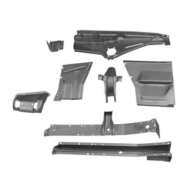 Set of car chassis components on a white background. 1966-1967 Chevy Nova Fender Apron Kit RH.