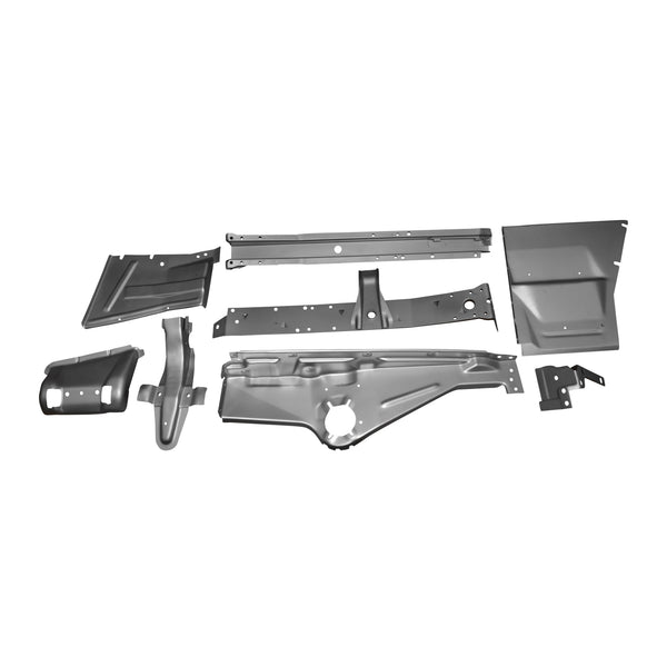 Set of metal vehicle frames and components on a white background. 1966-1967 Chevy Nova Fender Apron Kit RH.