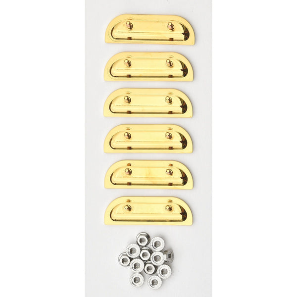 Set of gold cabinet handles and screws on a white background. 1957 Chevy Fender Louver Set, Gold.