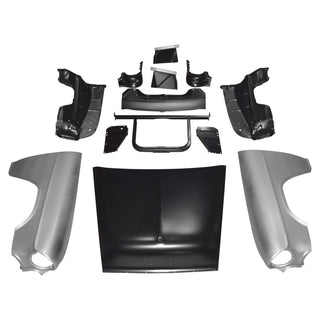 Set of car body panels and frames on a white background. 1955 Chevy 6 Cylinder Front End Sheet Metal Kit, Smoothie Style Hood.