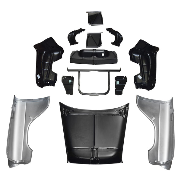 Set of car body panels and frames on a white background. 1955 Chevy V8 Front End Sheet Metal Kit, Factory Style Hood.