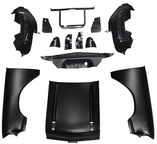 Collection of black car body panels on a white background. Chevy Bel Air 6 Cylinder Front End Sheet Metal Kit.