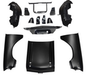 Collection of black car body panels on a white background