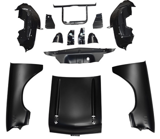 Collection of black car body panels on a white background