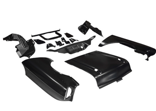 Set of black car body panels on a white background