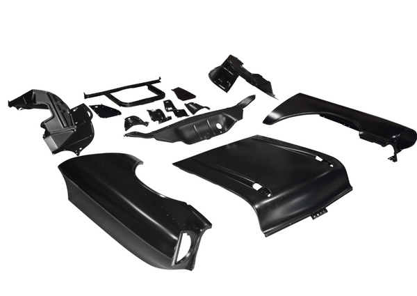 Set of black car body panels on a white background