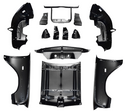 Set of black car body panels on a white background.